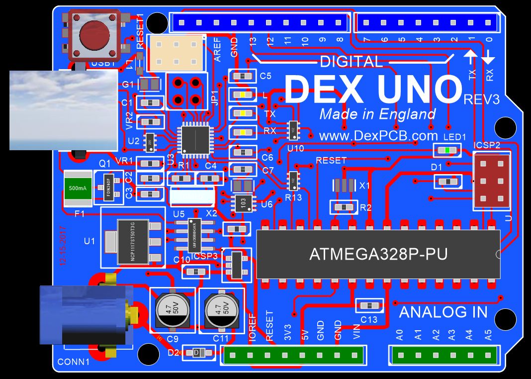 The PCB showing the PCB filled and physical parts on the top of the PCB