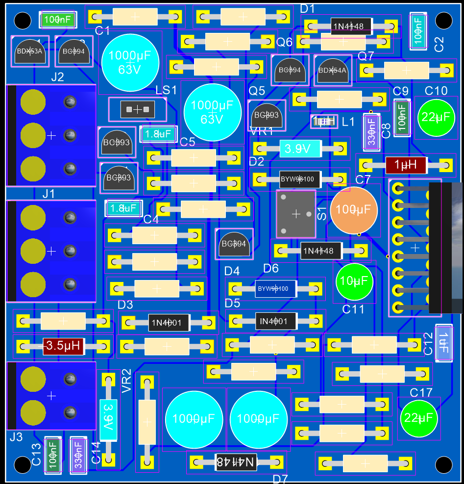 The PCB view in 2-D with all layers on and the PCB set to draw as solid.