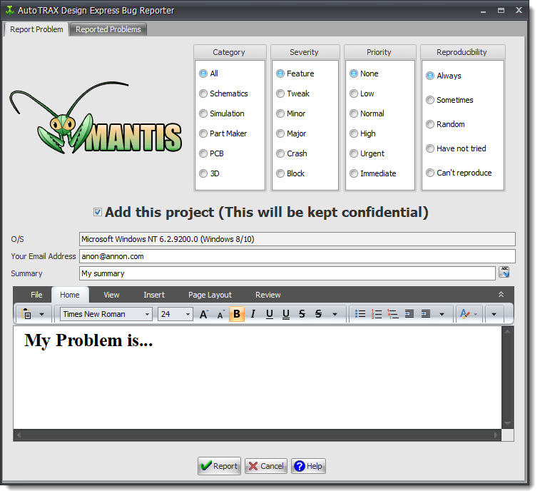 Problem Reporter Dialog
